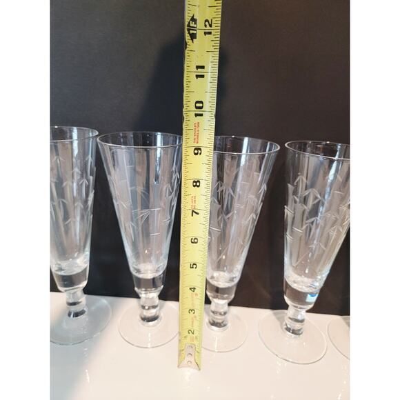 VTG Etched Bamboo Cut Crystal Glasses Set of 5 Tall‎ Pilsners Retro MCM Barware - Picture 8 of 12